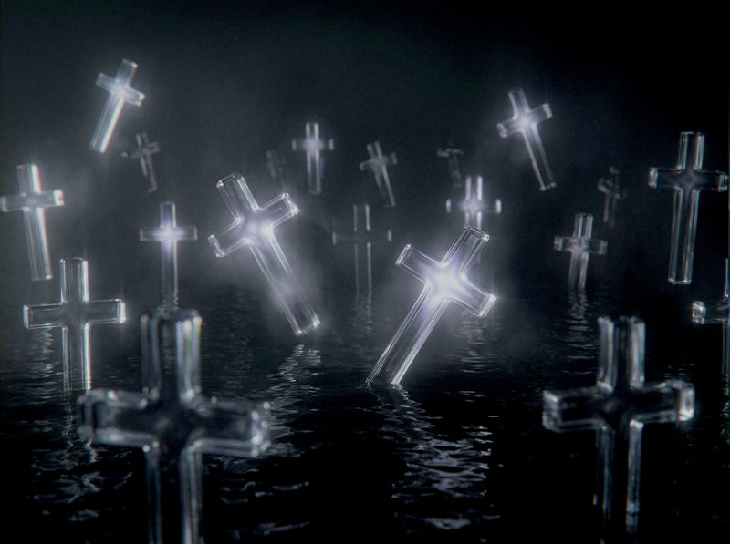 lowing translucent crosses over dark reflective water for the Dark Pulse gothic jewelry collection