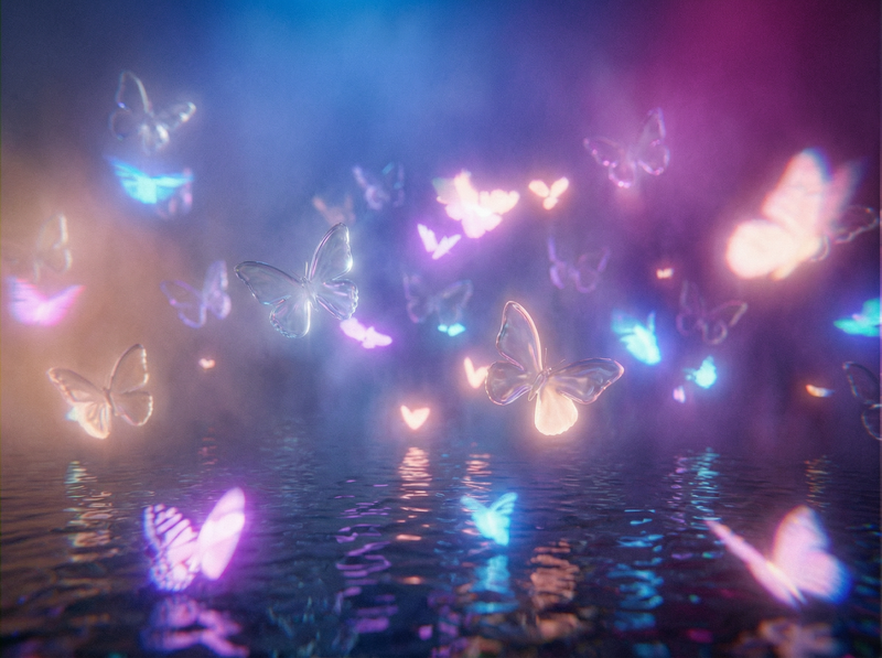 Dreamscape Y2K fairycore collection cover with glowing colorful butterflies above reflective water