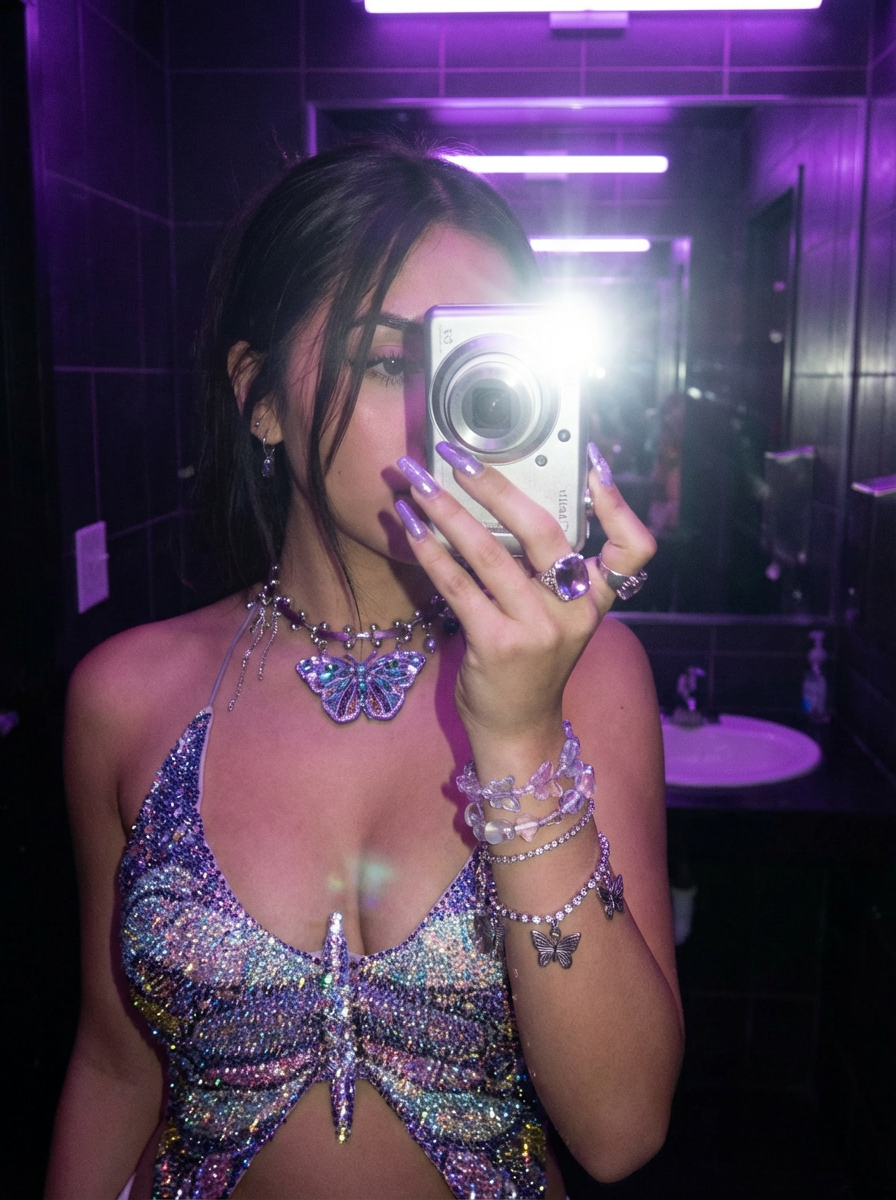 Model wearing the Amethyst Butterfly Y2K purple butterfly necklace in a purple-lit nightlife mirror selfie