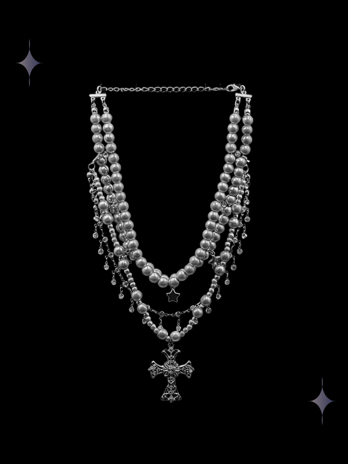 Cathedral Chain integrated multi-strand gothic pearl cross choker necklace with gunmetal faux pearls, layered silver-tone chains, clear faux-crystal drops, and an ornate cross pendant on a black background