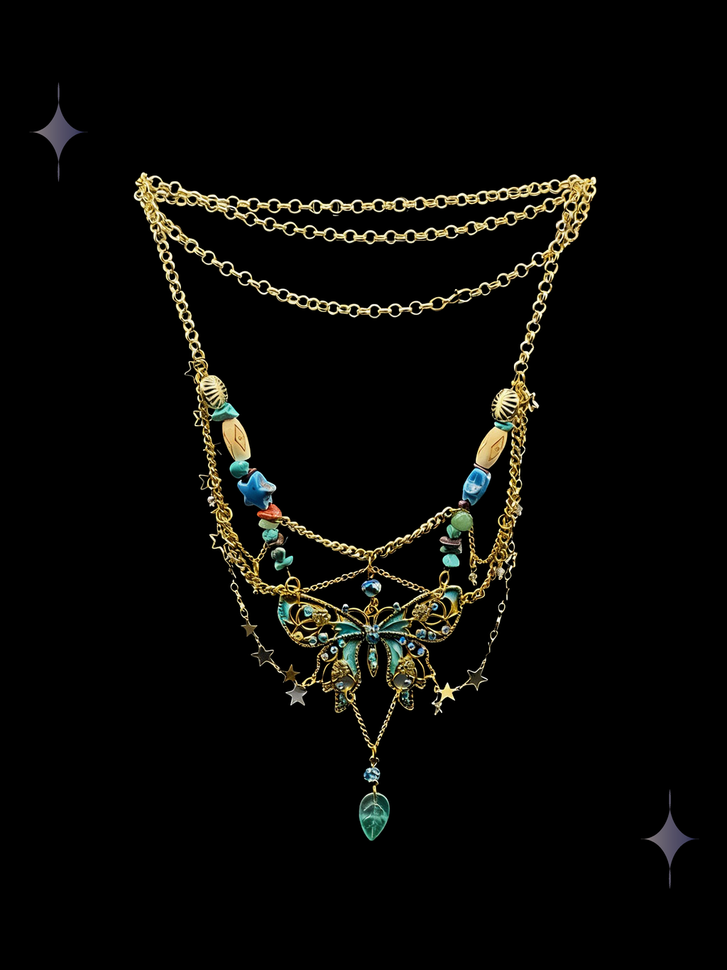 Celestial Cascade Y2K gold butterfly layered necklace with turquoise beads and celestial charms on a black background