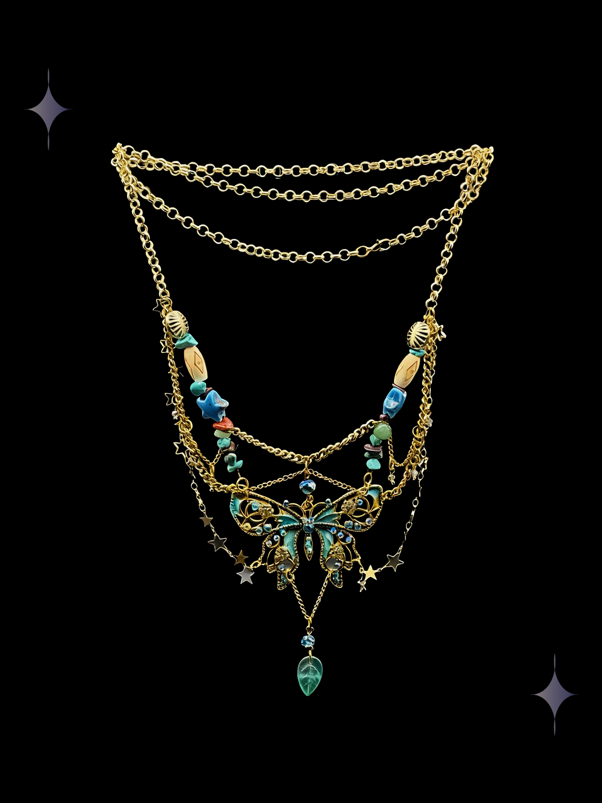 Celestial Cascade Y2K gold butterfly layered necklace with turquoise beads and celestial charms on a black background