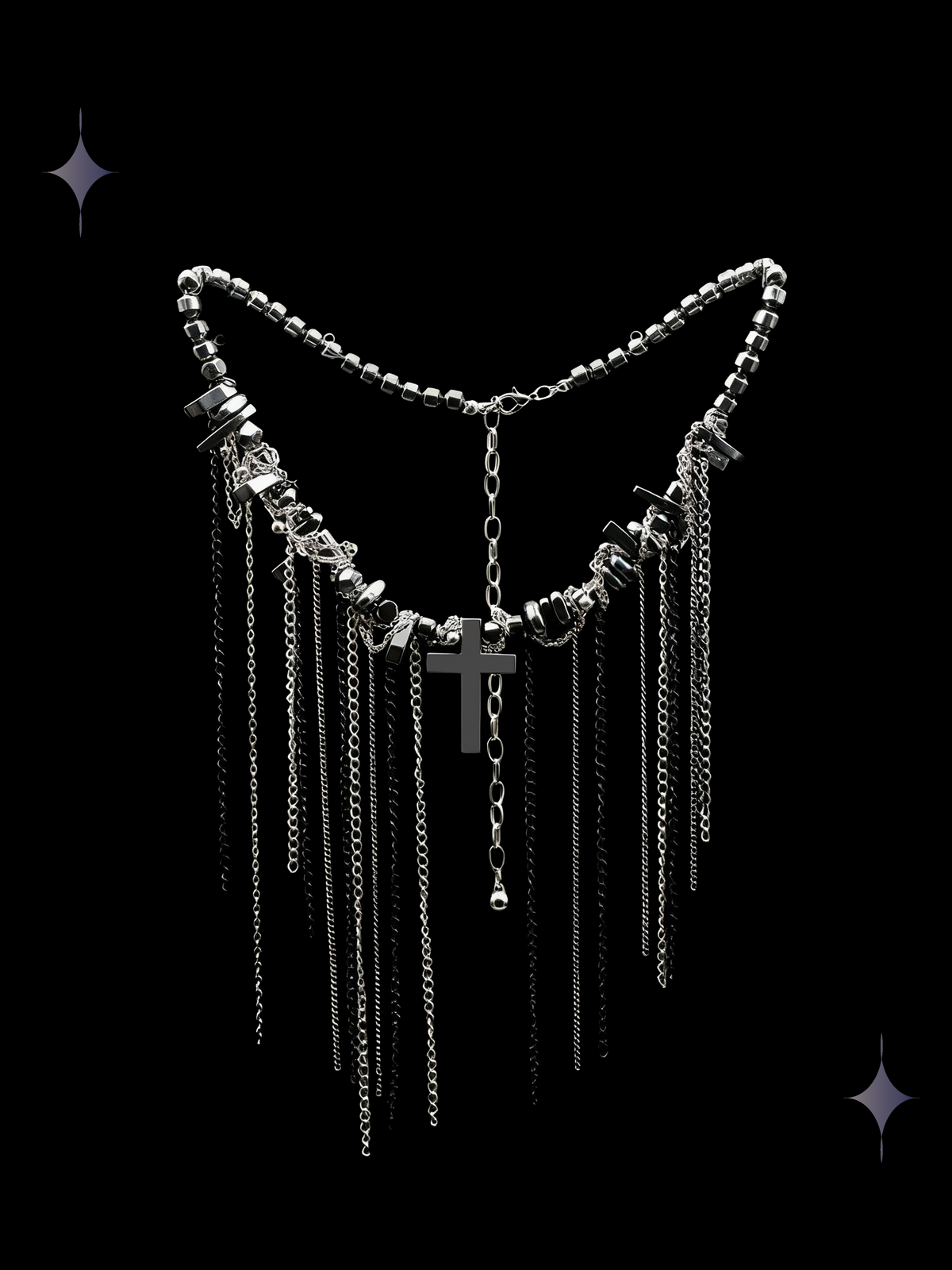Chainfall Veil gothic cross fringe necklace with gunmetal beads, a matte black cross, and cascading silver-tone chains on a black background