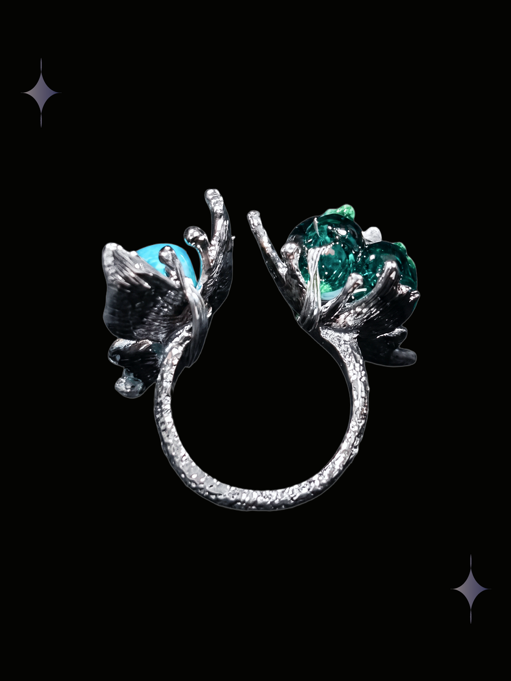 Back view of a handcrafted turquoise butterfly Y2K adjustable ring with open band, silver-tone setting and teal decorative details