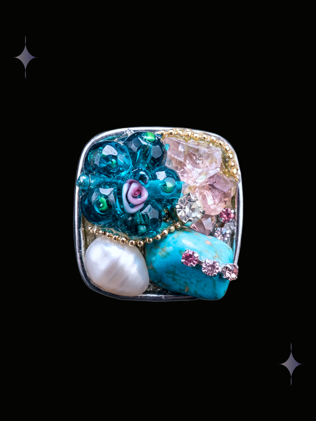 Handcrafted turquoise pearl floral Y2K ring with teal flower, turquoise-style stone, pearl, pink accents and silver-tone details on a black background