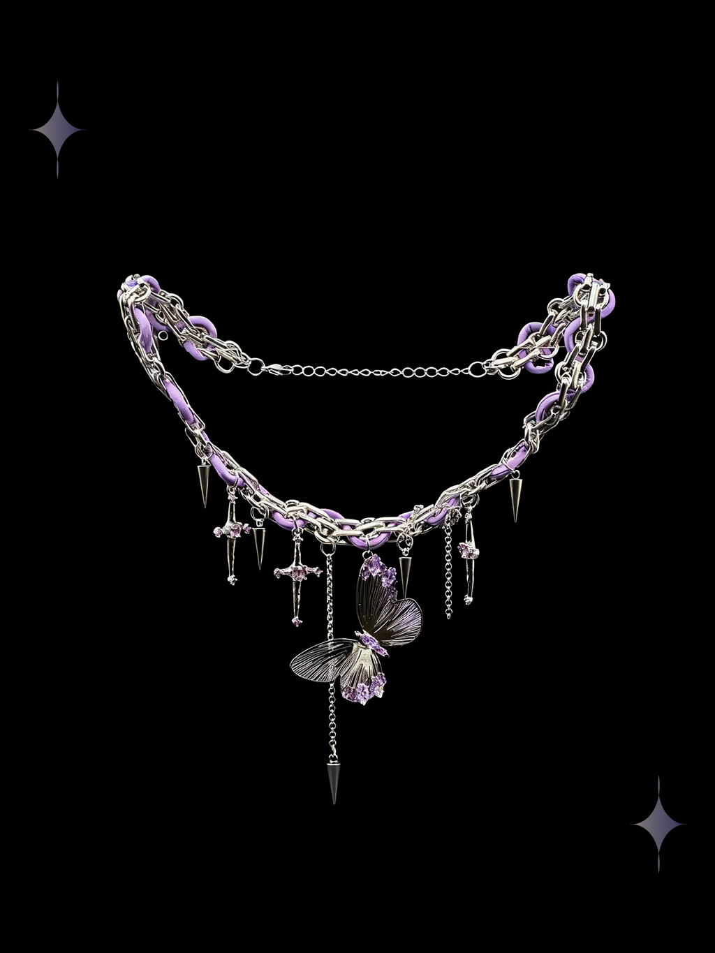 Lavender Rain Y2K purple butterfly layered necklace with lilac floral links, faux-crystal drops, and silver-tone chain fringe on a black background