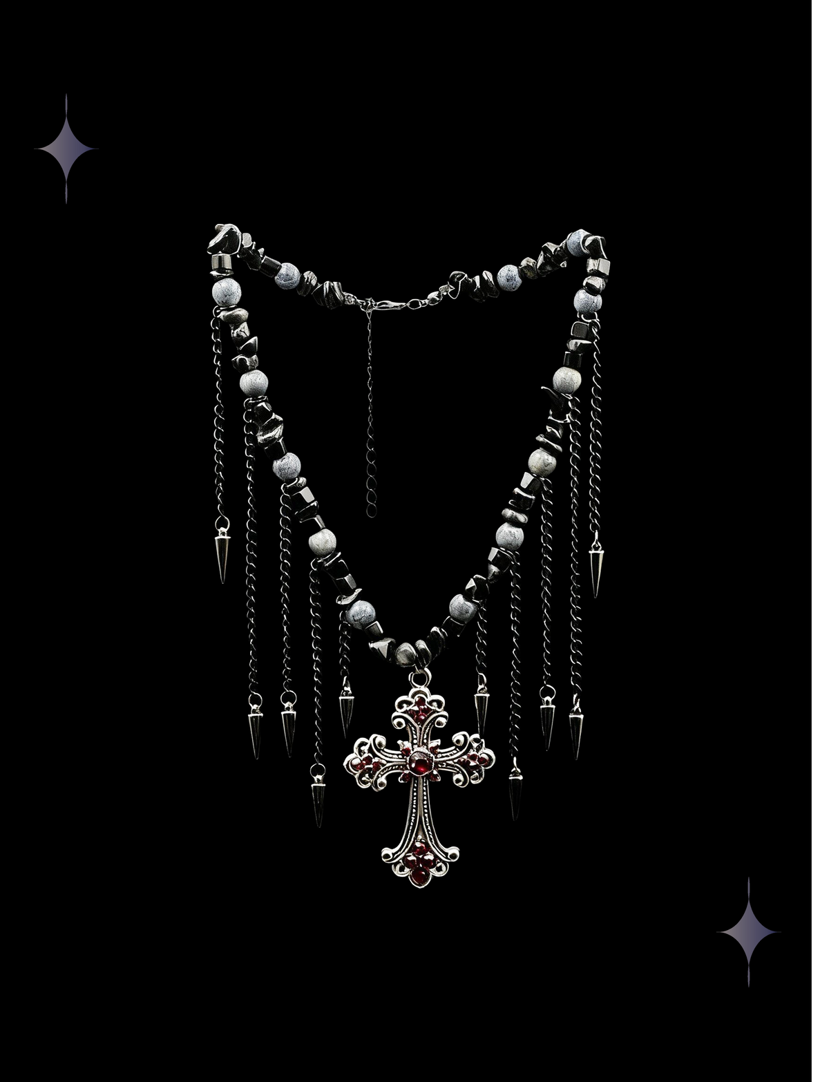 Midnight Cross gothic layered cross necklace with black beads, silver-tone chain fringe, red accents, and an ornate cross pendant on a black background