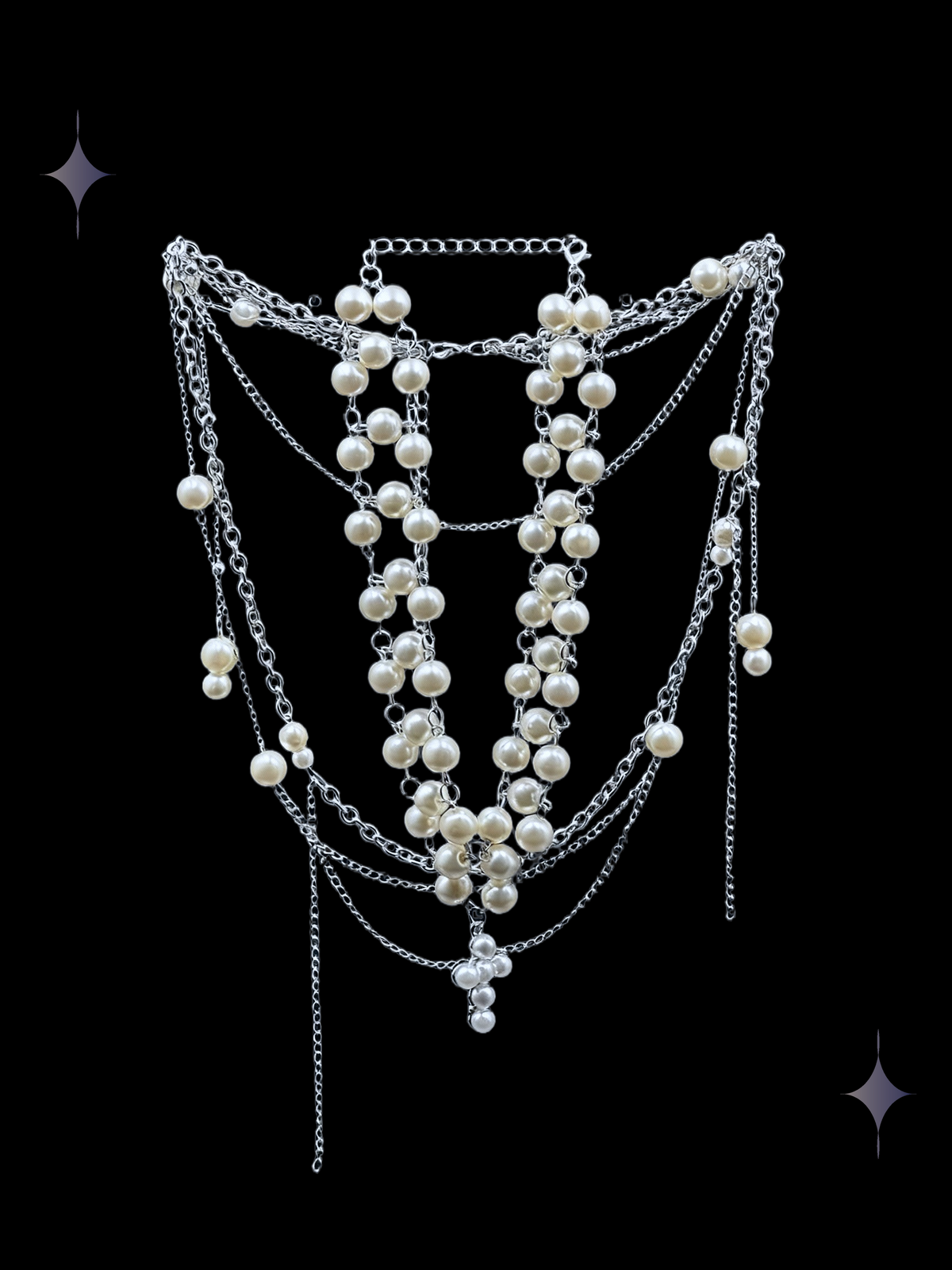 Pearl Cascade gothic two-piece faux pearl necklace set with a fitted pearl choker and cascading silver-tone chains on a black background