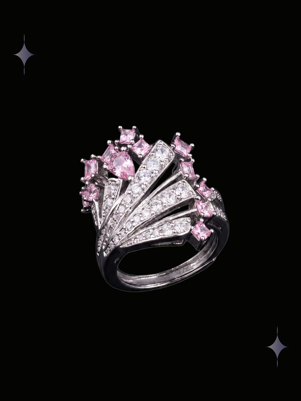Starlight Crown Y2K sparkling pink crystal statement ring with marquise cubic zirconia and silver-tone crown details on a black background