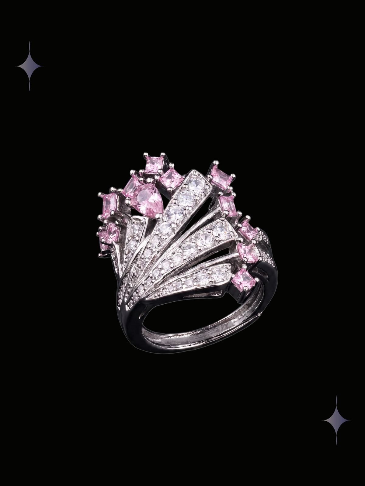 Starlight Crown Y2K sparkling pink crystal statement ring with marquise cubic zirconia and silver-tone crown details on a black background